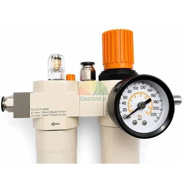 Wartungseinheit für Druckluft mit Manometer und orangefarbenem Einstellknopf, Modell OL-G1/4-MINI, auf weißem Hintergrund.