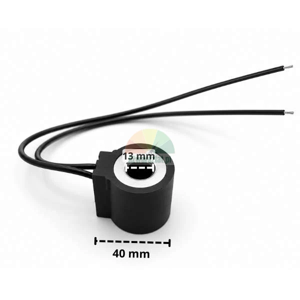 Schwarze DC 24V Magnetspule mit Kabeln und Maßen 13 mm und 40 mm.