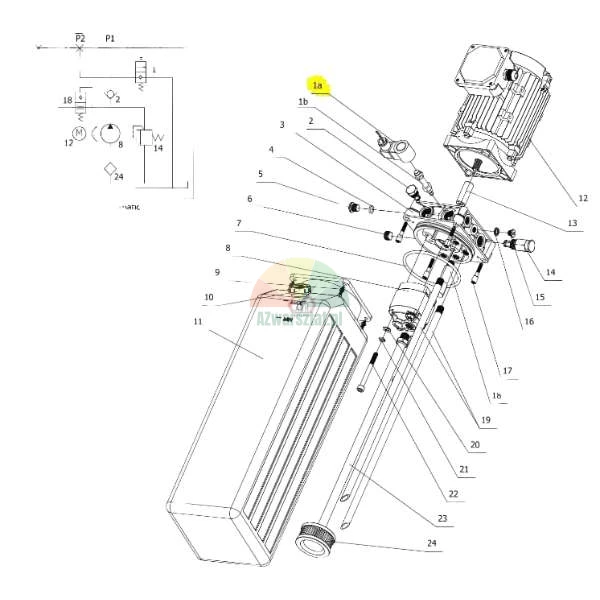 Explosionszeichnung eines Hydraulikaggregats mit Komponenten wie Elektromotor, Öltank, Pumpe und Ventilen mit nummerierten Beschriftungen. Teil 1a ist gelb markiert.