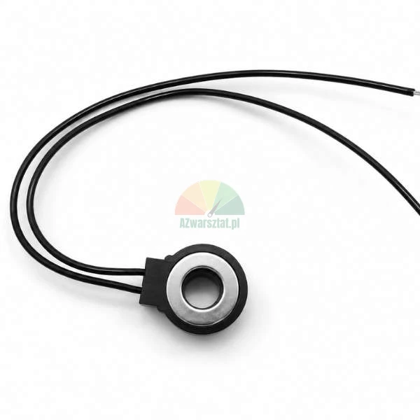 Schwarzer Ringsensor mit silbernem Metallkern und zwei langen schwarzen Kabeln auf weissem Hintergrund.