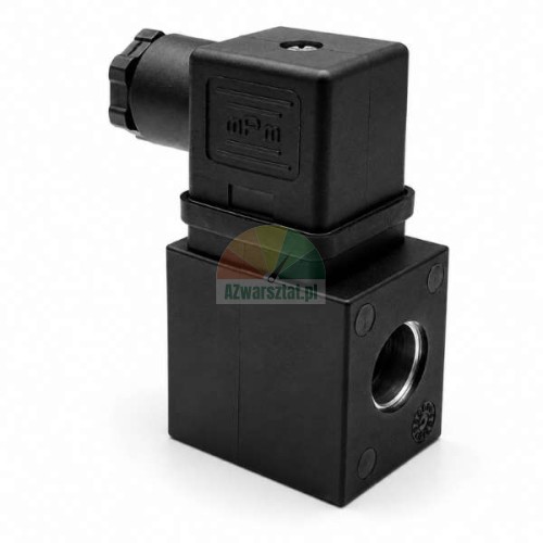 Elektromagnetische Hubmagnetspule DC24 mit schwarzem MPM-Anschlussstecker auf weißem Hintergrund.