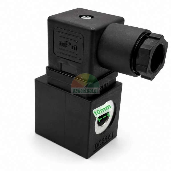 Schwarze 24V DC Magnetventilspule mit mPm-Steckverbinder und gekennzeichnetem Innendurchmesser von 10 mm.
