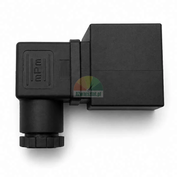 Schwarzer mPm Magnetventilstecker an einer Spule angeschlossen, Draufsicht auf weißem Hintergrund.