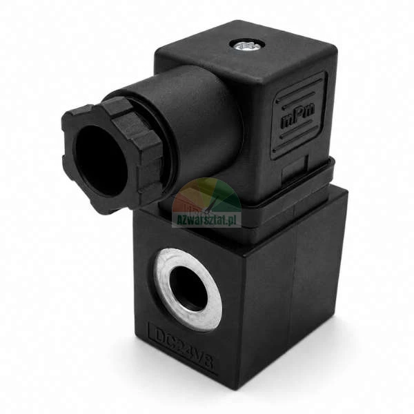 Schwarze 24V DC Magnetventilspule mit mPm Winkelstecker auf weissem Hintergrund