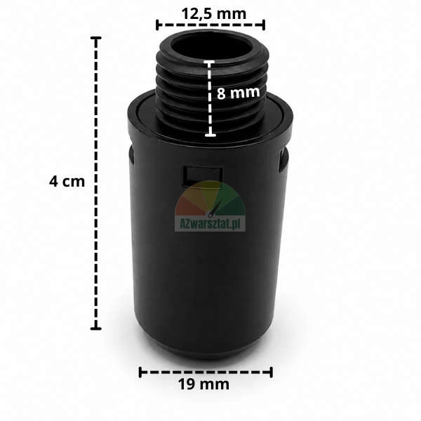 Schwarzer Schalldämpfer aus Kunststoff mit 12,5-mm-Gewinde und Bemaßung