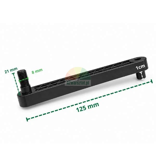 Schwarze Pedalmechanismus-Verbindung, 125 mm lang, mit Maßen.