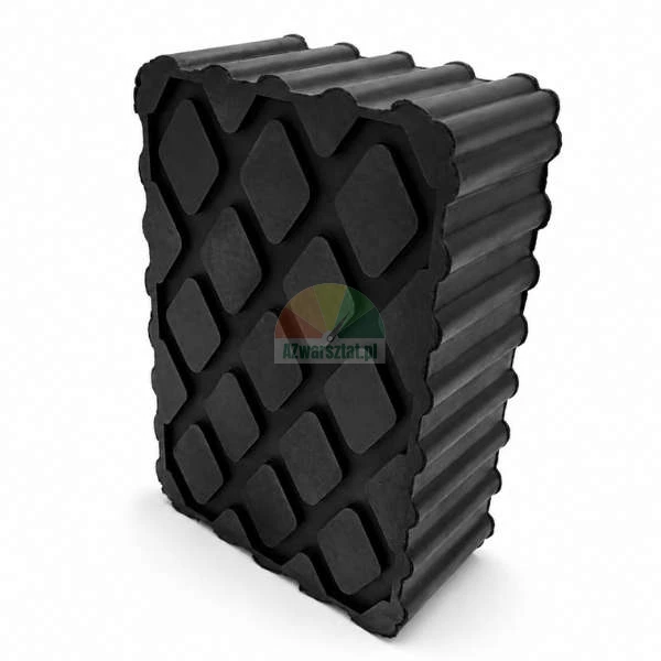 Schwarzer Gummipuffer mit einer strukturierten Oberfläche im Rautendesign auf weißem Hintergrund.
