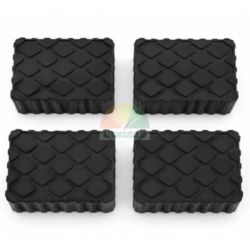 Set aus 4 schwarzen Gummiauflagen für Wagenheber mit rutschfester Struktur auf weißem Hintergrund.