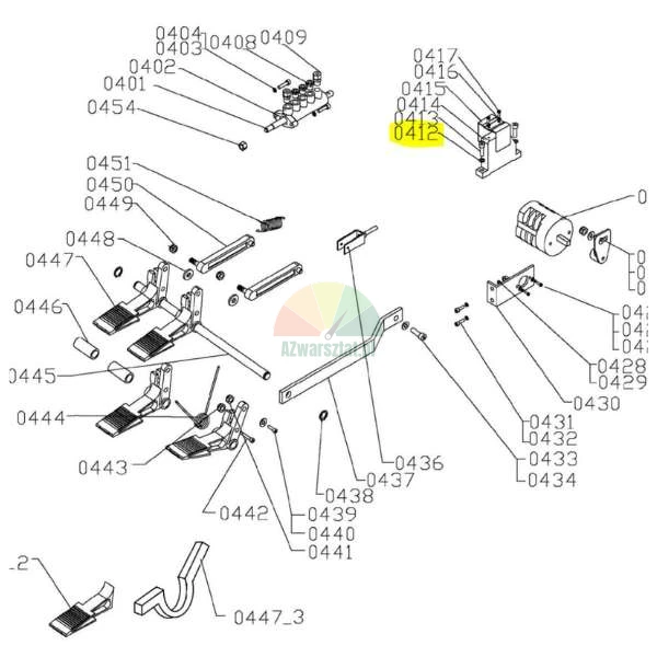 Explosionszeichnung eines Steuerpedal- und Hydraulikventilblocks mit gelb markierten Teilenummern 0412 und 0413.
