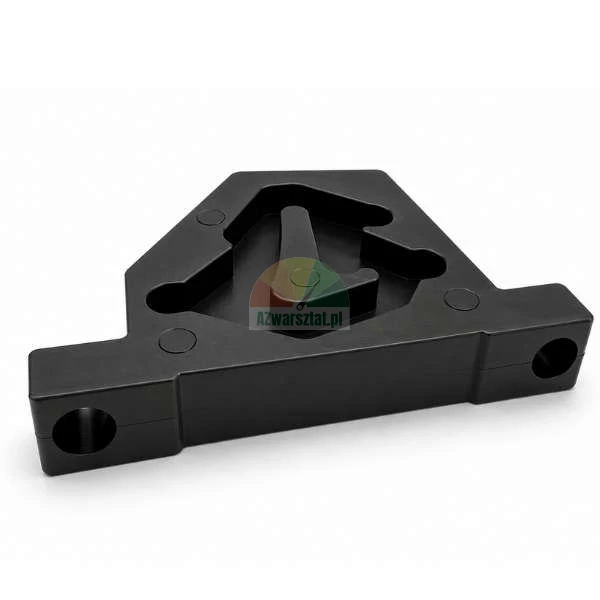 Schwarzes Montageelement aus Kunststoff mit einem zentralen beweglichen Riegel und zwei Befestigungslöchern an den Seiten auf weißem Hintergrund.