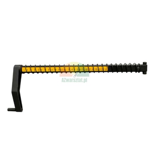 Messarm mit einer gelben Skala im Bereich von 0 bis 26 cm, umwickelt mit einer schwarzen Feder.