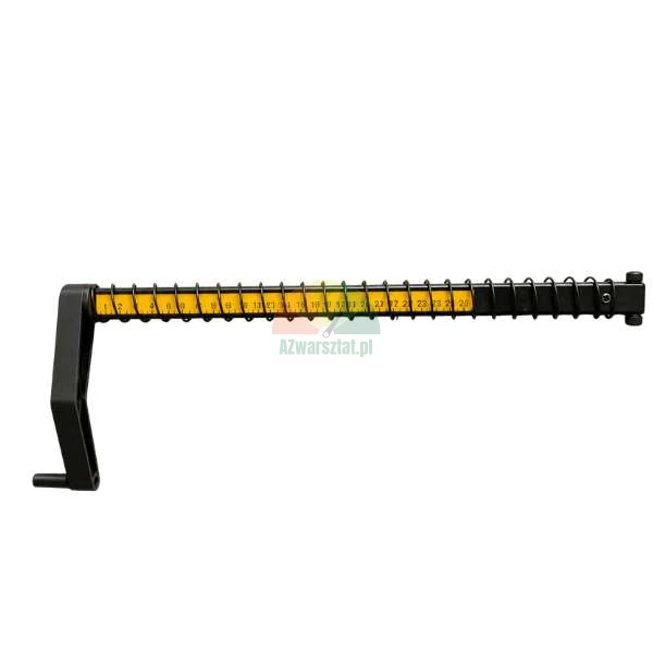 Messarm mit einer gelben Skala im Bereich von 0 bis 26 cm, umwickelt mit einer schwarzen Feder.