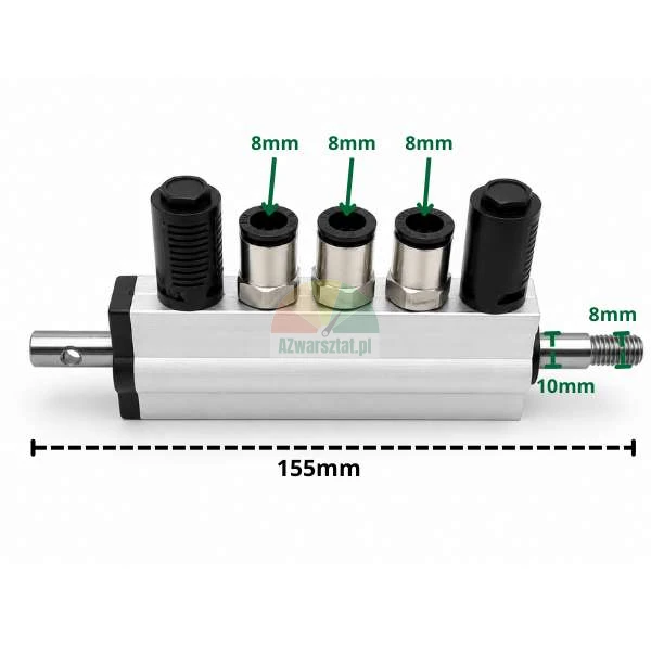 Aluminium-Pedalventilblock Typ F für Reifenmontiermaschine mit Abmessungen und 8 mm Anschlüssen.