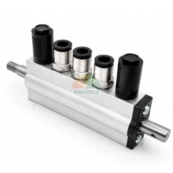 Pneumatikzylinder aus Aluminium mit installierten Schnellsteckverschraubungen und Schalldämpfern auf weißem Hintergrund.