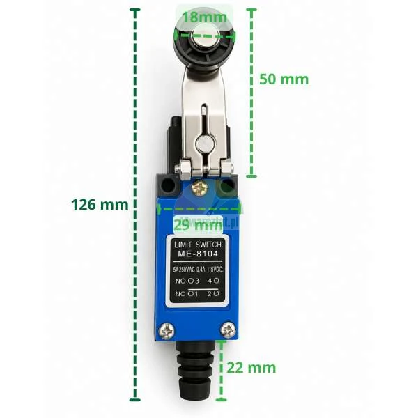 Grenztaster ME-8104 mit Rollenhebel und markierten Abmessungen