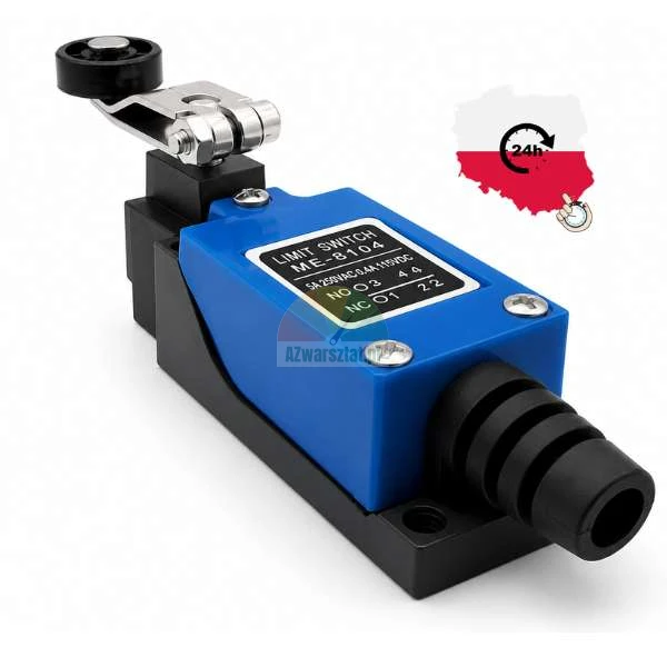 Grenztaster ME-8104 mit Rollenhebel, blau-schwarzes Gehäuse mit einer Kabelschutzhülle aus Gummi.