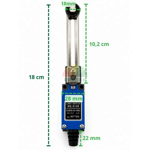 Positionsschalter ME-8108 mit verstellbarem Rollenhebel und Maßen