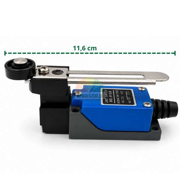 Blauer Grenztaster ME-8108 mit verstellbarem Rollenhebel und einer grünen Maßlinie, die eine Länge von 11,6 cm anzeigt.