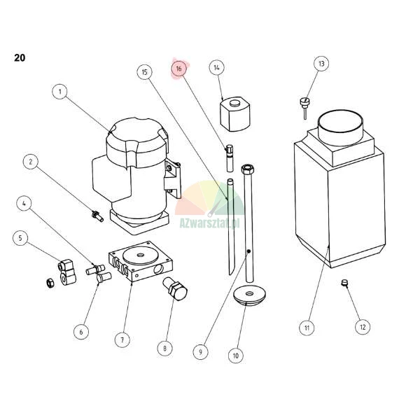 Technische Explosionszeichnung eines Hydraulikaggregats mit rot markiertem Element Nummer 16.