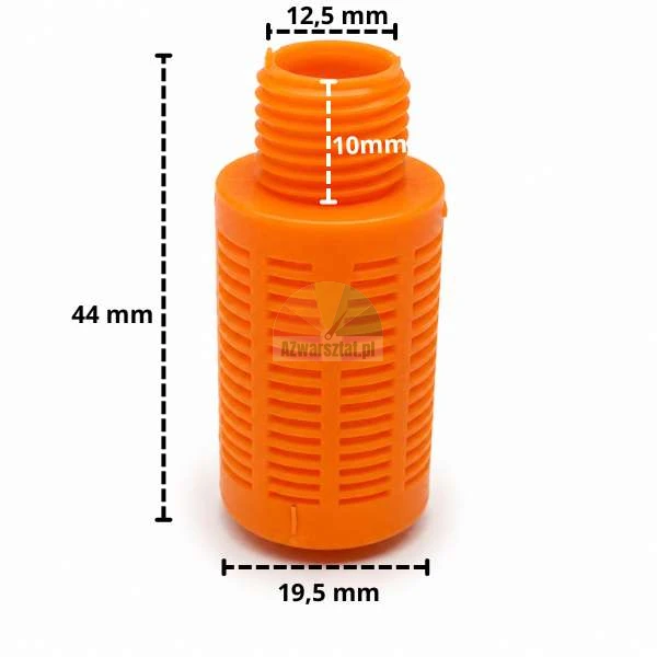 Orangener Schalldämpfer aus Kunststoff mit 12,7 mm Gewinde und Maßangaben