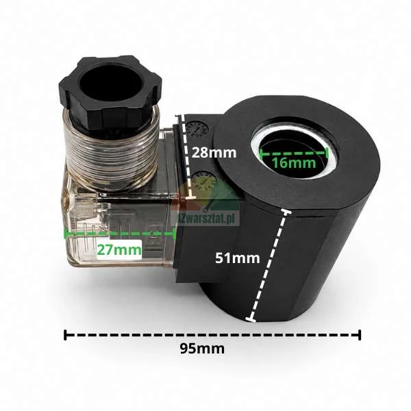 Schwarze Magnetspule 16mm 24V AC mit Massen auf dem Bild