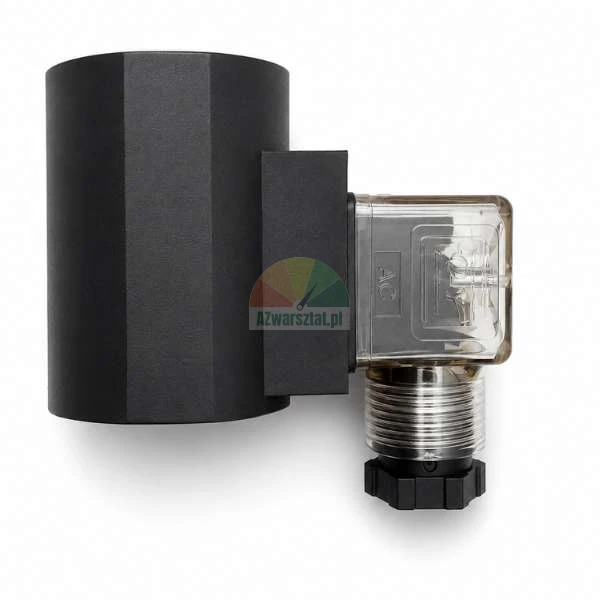 Schwarze Magnetventilspule mit transparentem DIN-Gerätestecker auf weißem Hintergrund.