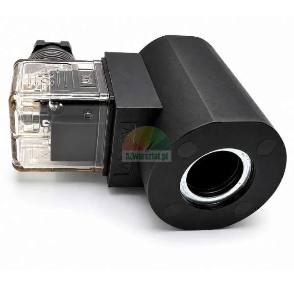 Schwarze Magnetventilspule AC 24V mit transparentem Gerätestecker auf weißem Hintergrund.