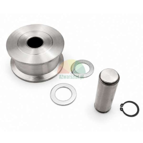 Metall-Seilrollensatz mit Bolzen, zwei Unterlegscheiben und Sicherungsring für Hebebühne auf weißem Hintergrund.