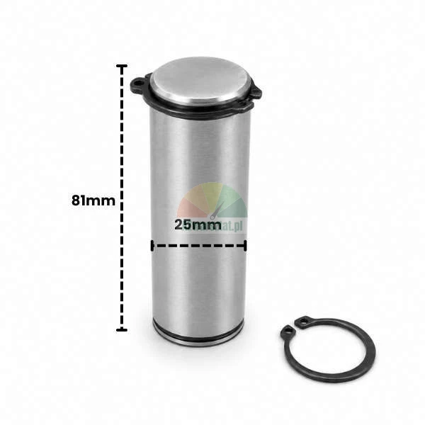 Metallbolzen mit einer Höhe von 81 mm und einem Durchmesser von 25 mm, abgebildet mit einem Sicherungsring auf weißem Hintergrund.