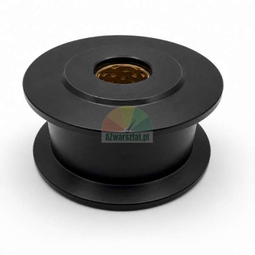 Kettenführungsrad für Zweisäulenbühne 24mm, schwarze Metall-Umlenkrolle mit Messingbuchse auf weißem Hintergrund.