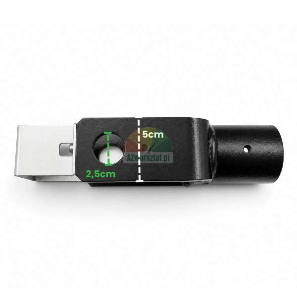 Schwarzer Metall-Montageadapter mit eingezeichneten Maßen: Lochdurchmesser 2,5 cm und Profilhöhe 5 cm, auf weißem Hintergrund.