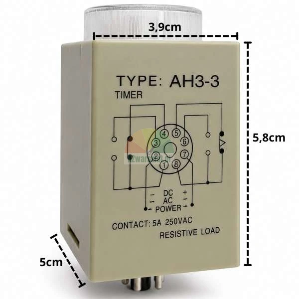 Zeitrelais AH3-3 mit den Abmessungen 5,8 cm mal 3,9 cm mal 5 cm und sichtbarem Anschlussplan.