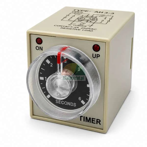 Zeitrelais AH3-3 im beigen Gehäuse mit einer Einstellskala von 0 bis 6 Sekunden und LED-Anzeigen für ON und UP.