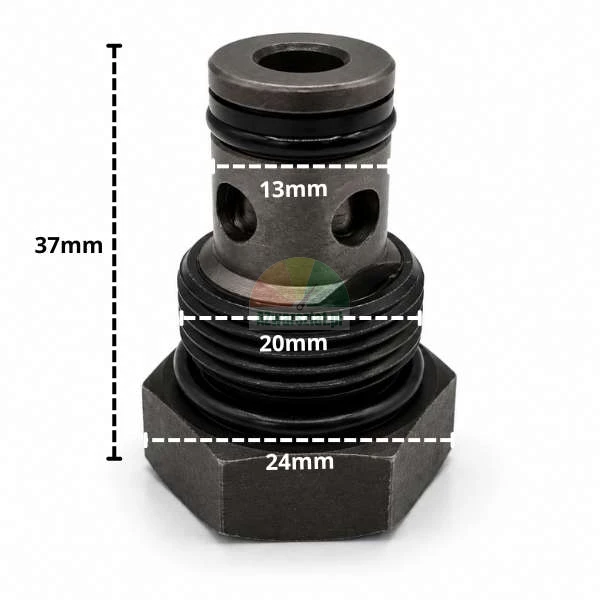 Rückschlagventil mit 20mm Gewinde und Abmessungen: Höhe 37mm, Gewinde 20mm, oben 13mm, unten 24mm.