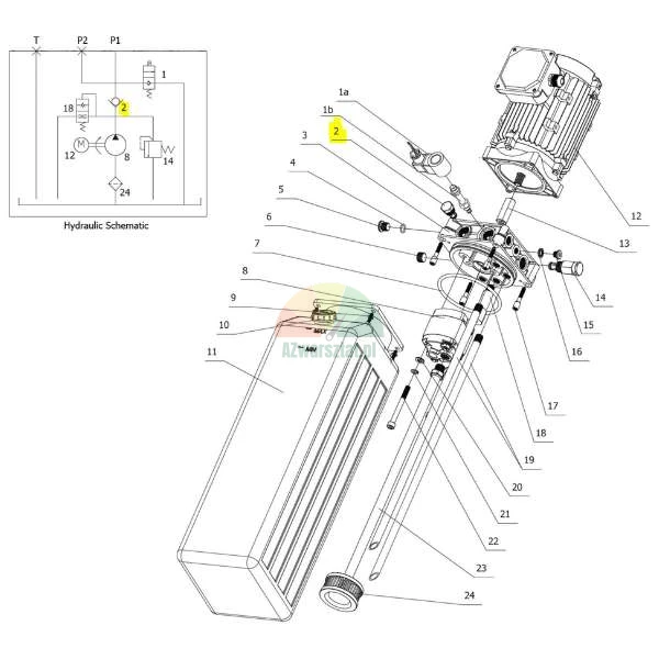 Explosionszeichnung eines Hydraulikaggregats mit nummerierten Komponenten, Elektromotor, Öltank und Hydraulikschaltplan. Position Nummer 2 ist gelb markiert.