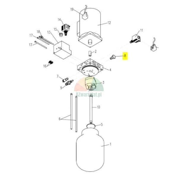 Explosionszeichnung eines Hydraulikaggregats mit gelb markiertem Bauteil Nummer 8.