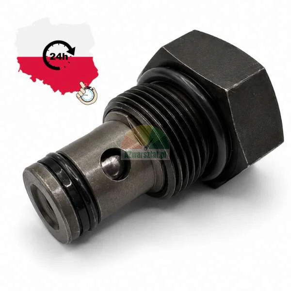 Hydraulisches Einschraubventil aus Stahl mit Sechskantkopf, Gewinde und schwarzen O-Ring-Dichtungen auf weißem Hintergrund.