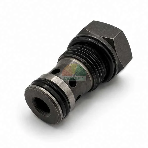 Hydraulisches Einschraubventil mit Gewindekörper, Sechskantkopf und O-Ring-Dichtungen aus Gummi auf weißem Hintergrund.