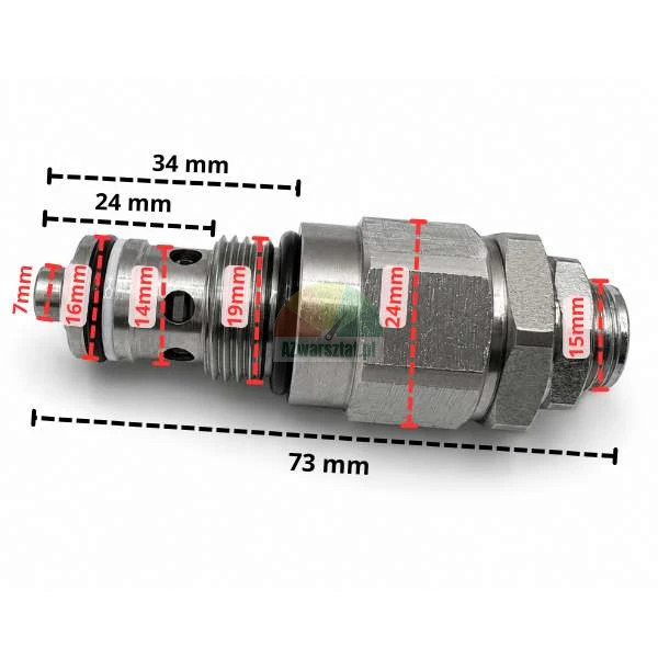 Hydraulisches Druckbegrenzungsventil 16mm mit 19mm Gewinde und technischen Abmessungen