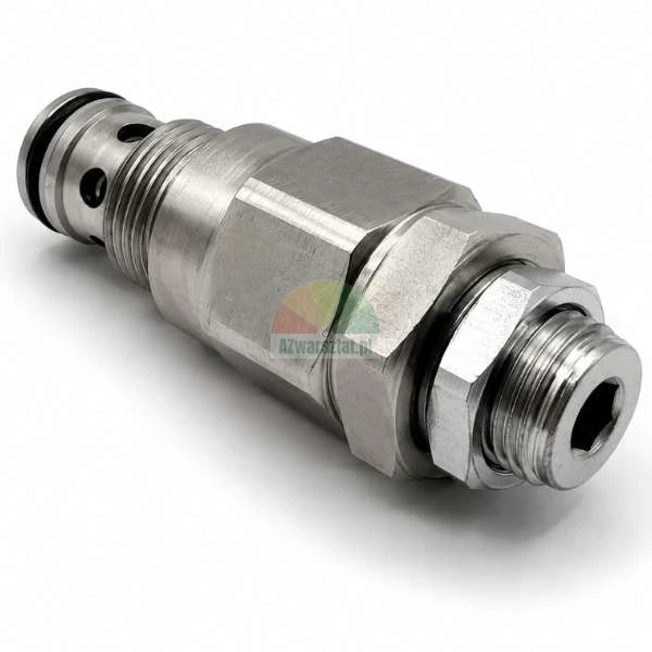 Hydraulisches Einschraubventil aus Metall mit Gewinden und O-Ringen auf weißem Hintergrund.