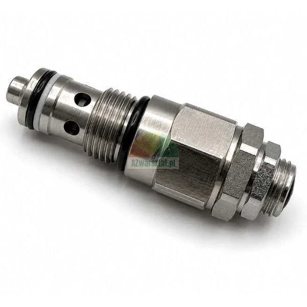 Hydraulisches Einschraubventil aus Metall mit Gewinde und O-Ring-Dichtungen auf weißem Hintergrund.