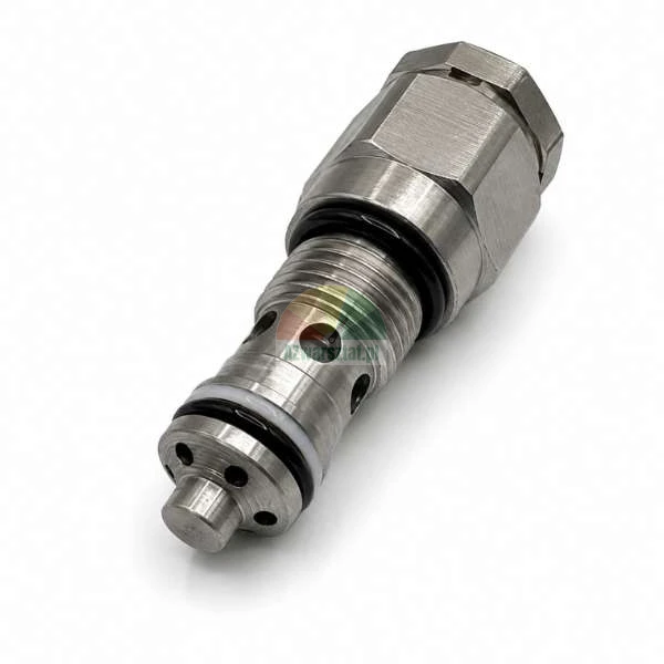 Hydraulisches Einschraubventil aus Metall mit Gewinde, O-Ring-Dichtungen und Sechskantkopf auf weißem Hintergrund.
