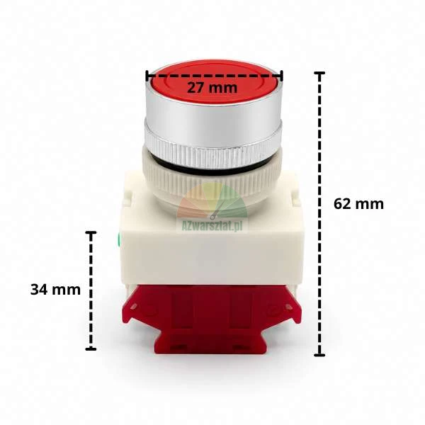 Roter Aufzugstaster mit Maßen 27 mm, 62 mm und 34 mm