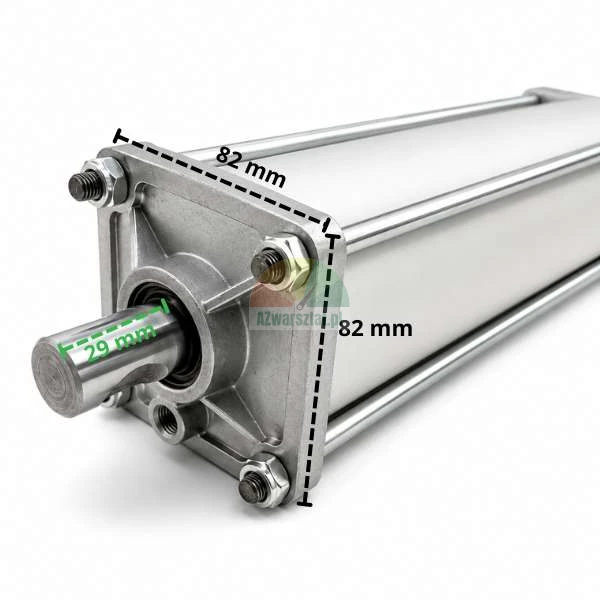 Pneumatikzylinder mit markierten Abmessungen des Frontdeckels von 82 mm mal 82 mm und einer Kolbenstangenlänge von 29 mm.