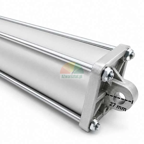 Nahaufnahme eines pneumatischen Aluminiumzylinders mit einer Maßangabe von 27 mm an der hinteren Befestigungsöse.