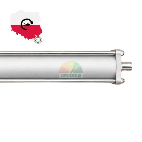 Silberner pneumatischer Metallzylinder mit Grafik der Polen-Karte und einem 24h-Versandsymbol