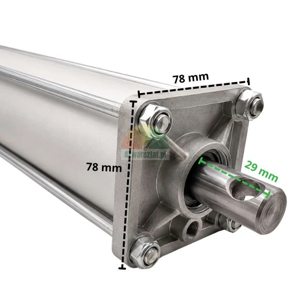 Nahaufnahme eines Pneumatikzylinderkopfs mit Maßangaben: Befestigungsmaß von 78 mm mal 78 mm und Kolbenstangenüberstand von 29 mm.