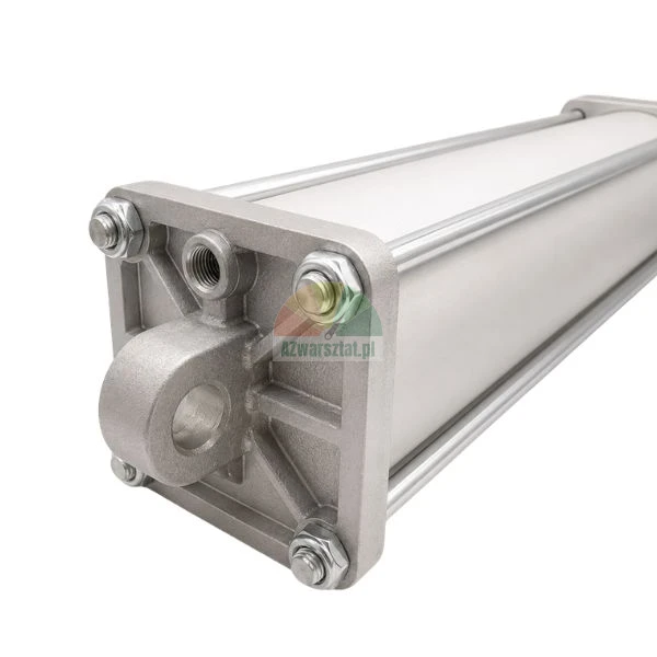 Nahaufnahme eines pneumatischen Aluminiumzylinders mit Zugstangen und Befestigungsauge.