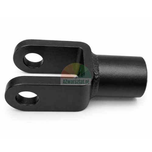 Schwarze Metallhalterung für die Kettenführungsrolle eines Hebezeugs auf weißem Hintergrund.