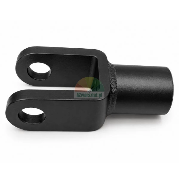 Schwarze Metallhalterung für die Kettenführungsrolle eines Hebezeugs auf weißem Hintergrund.